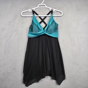 Womens Swimsuit Dress L Black Blue Polka Dot Pinup Babydoll Asymmetric Crossback